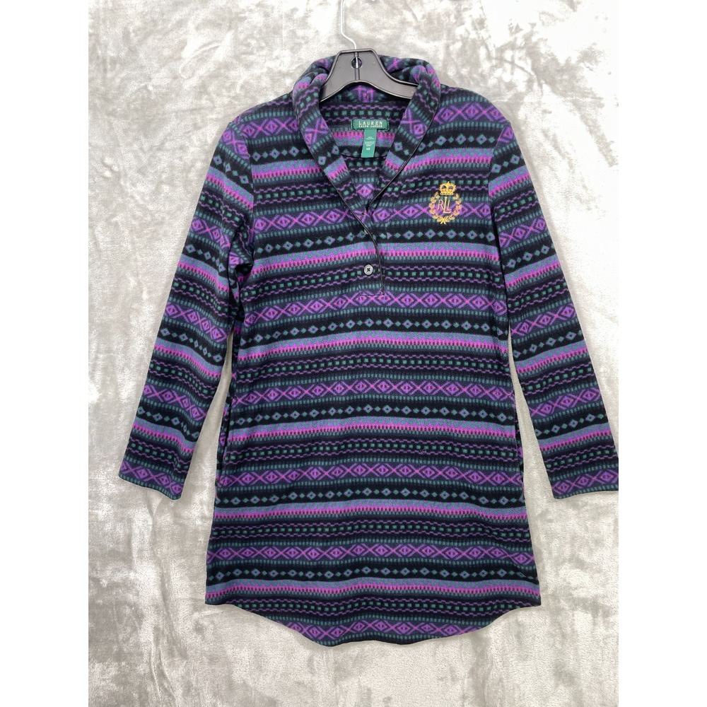 Lauren Ralph Lauren Women's XS Purple Crest Aztec Fleece Pajama Lounge Dress